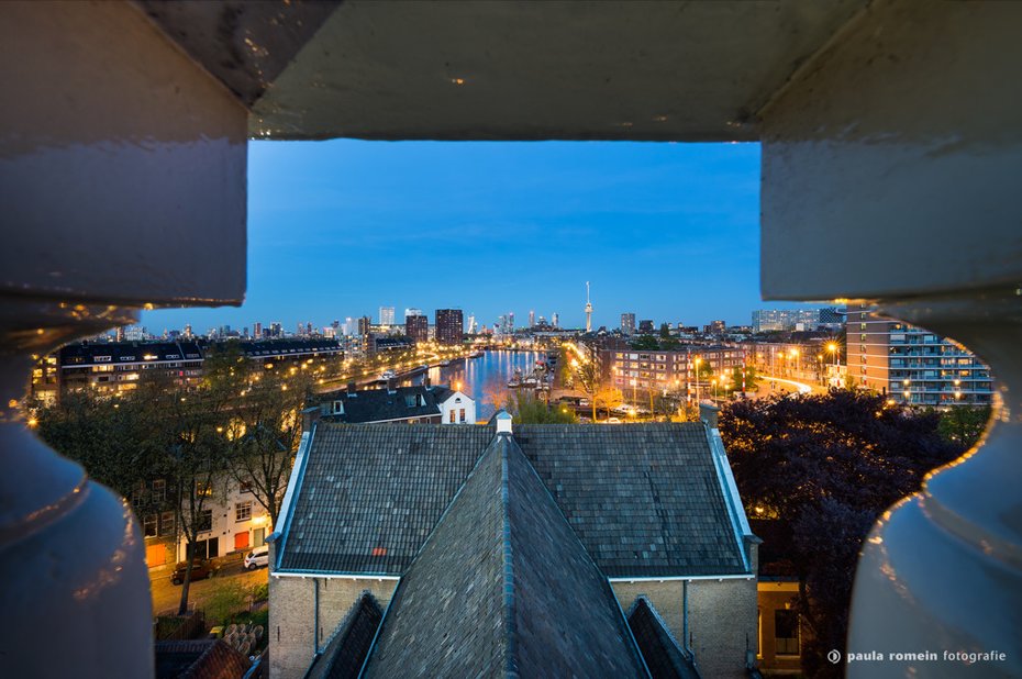 Rotterdam Centrum gefotografeerd vanaf de Oude of Pelgrimvaderskerk in Delfshaven Rotterdam Centrum vanaf de Oude of Pelgrimvaderskerk in Delfshaven in opdracht van de Rabobank